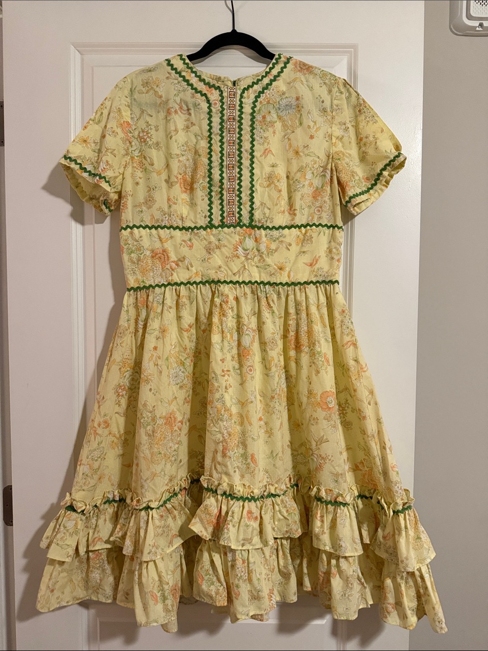 Vintage Yellow Floral Ruffle Dress with Green Trim